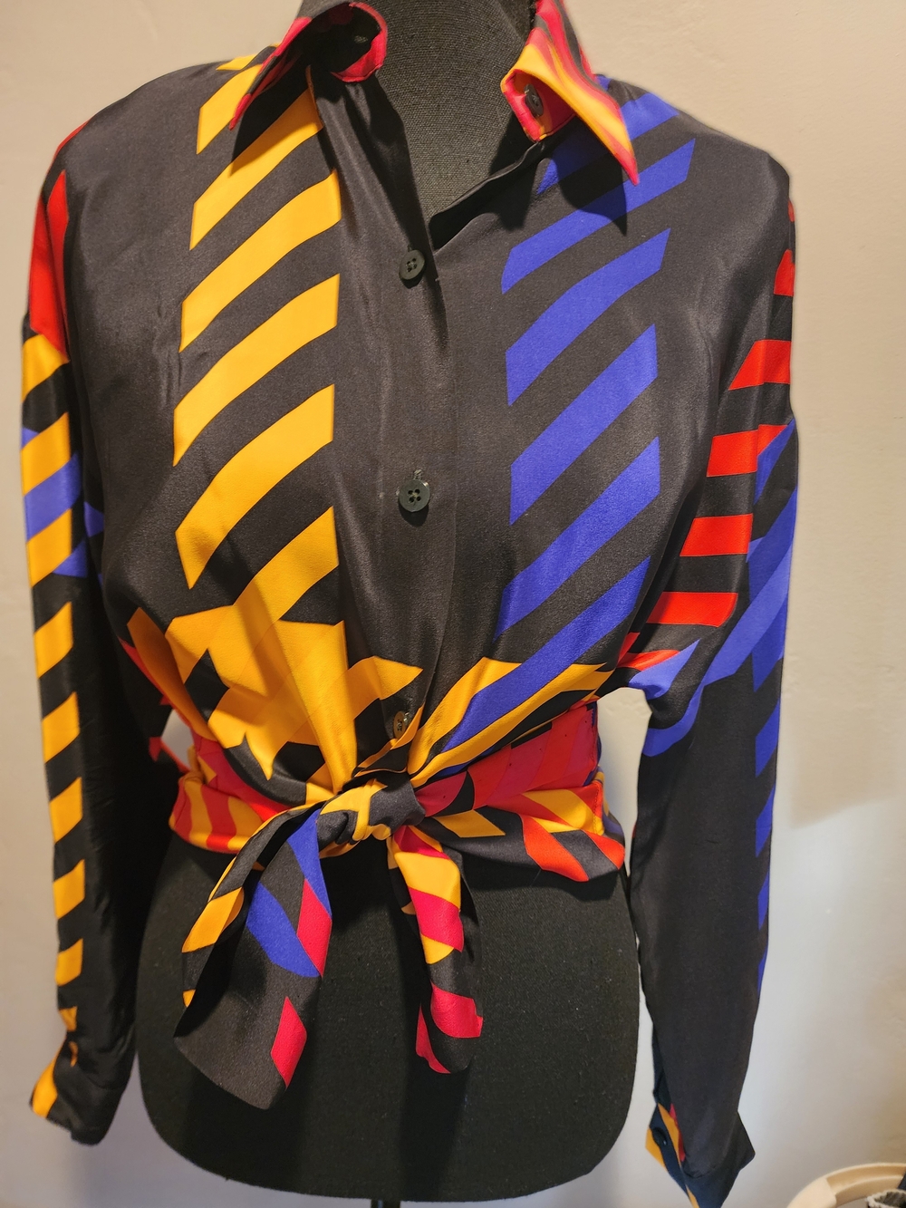 Ellen Tracy 100% Silk Button-Down Shirt with Yellow, Blue & Red Stripes